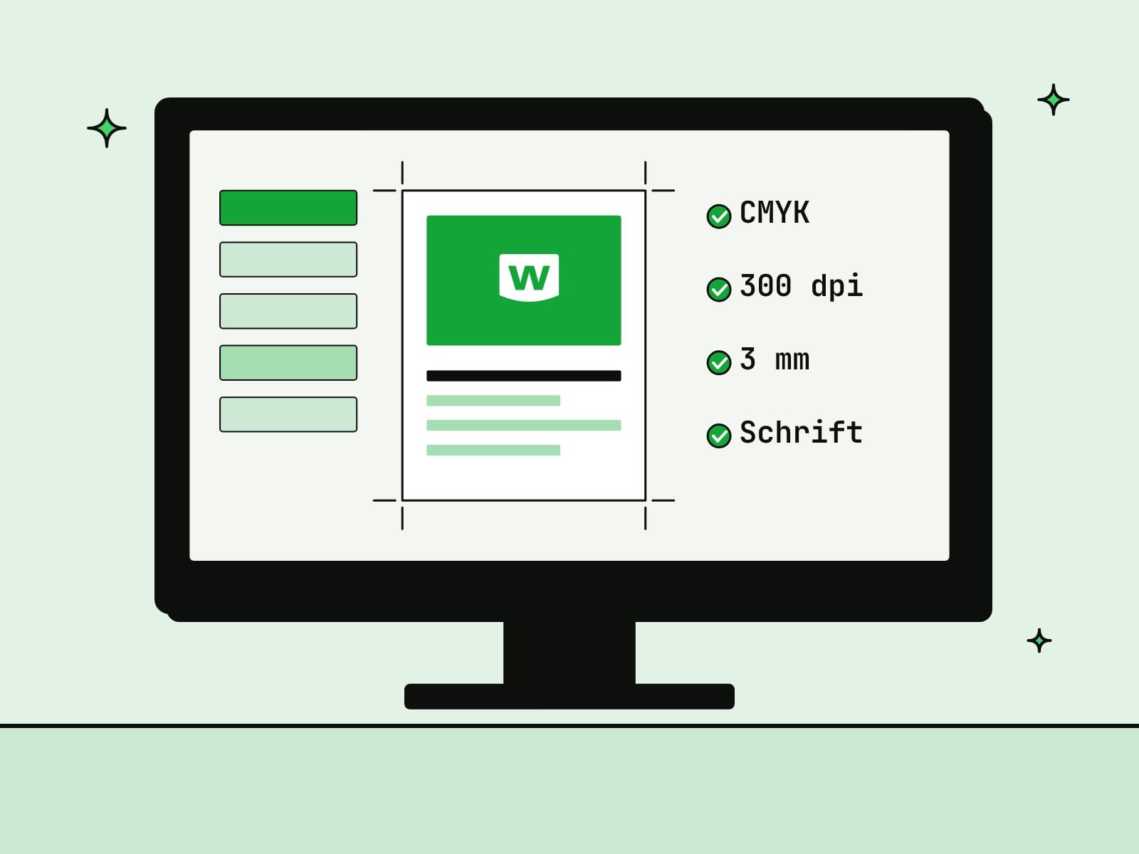Bildschirm mit geöffneter Druckdatei, Schnittmarken und Farbprüfung