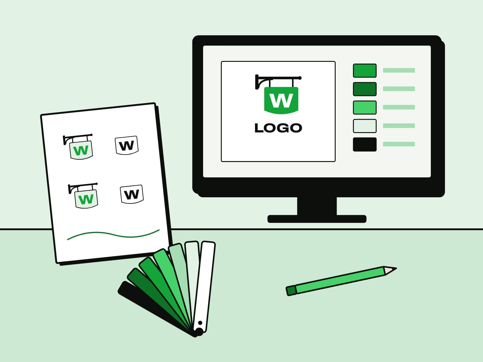 Arbeitsplatz mit Logo-Skizzen, Farbfächer und Layout am Bildschirm