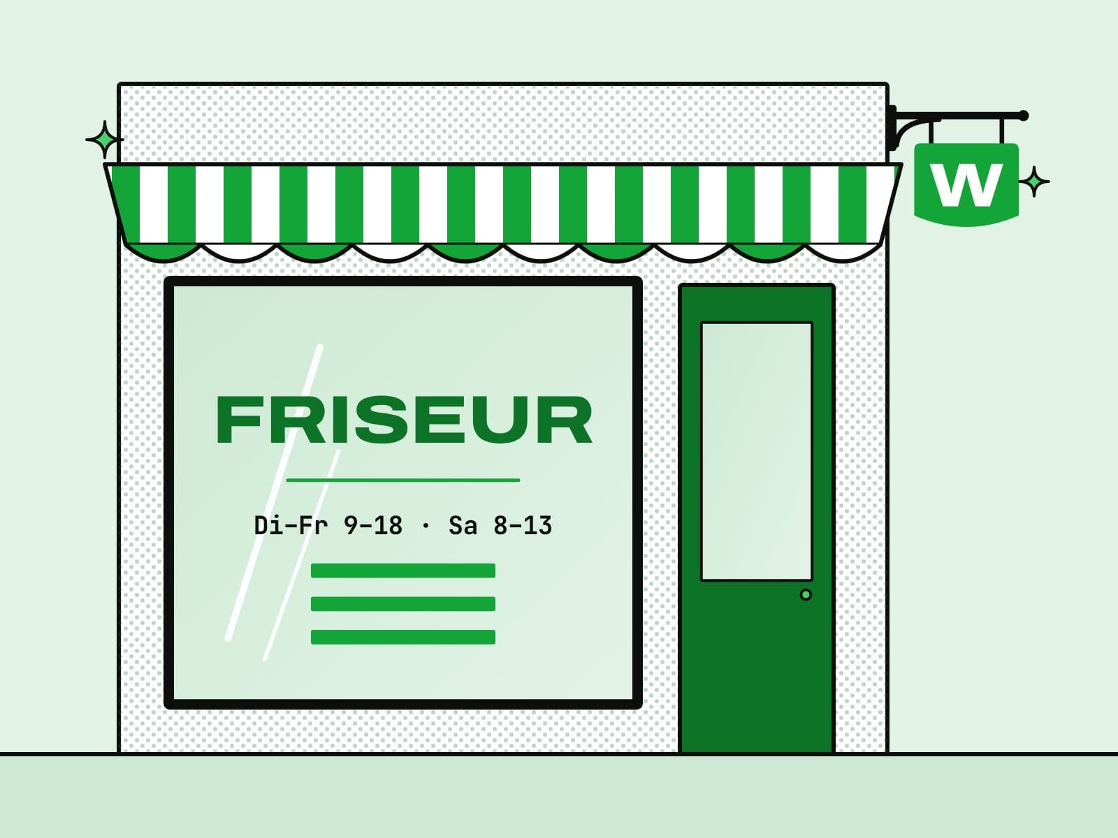 Schaufensterbeschriftung mit Logo und Öffnungszeiten, von der Straße aus gesehen